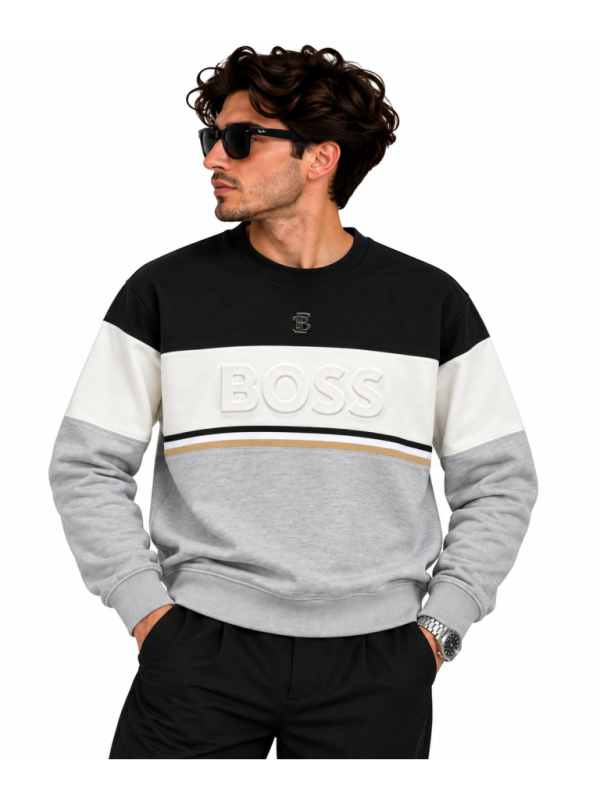 BOSS RENK BLOKLU SIFIR YAKA SWEATSHIRT