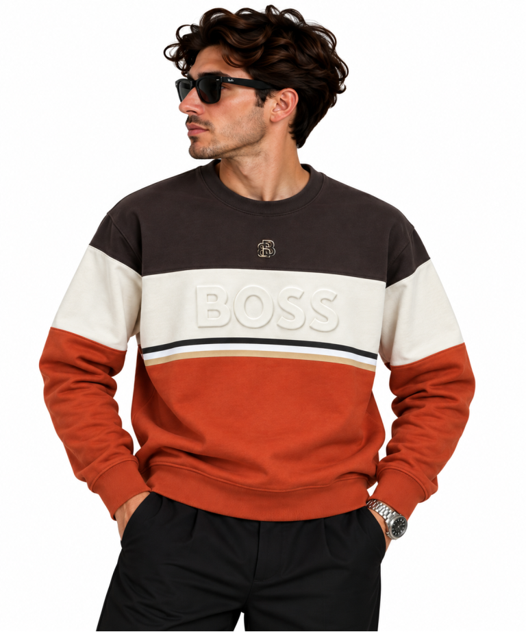 BOSS RENK BLOKLU SIFIR YAKA SWEATSHIRT