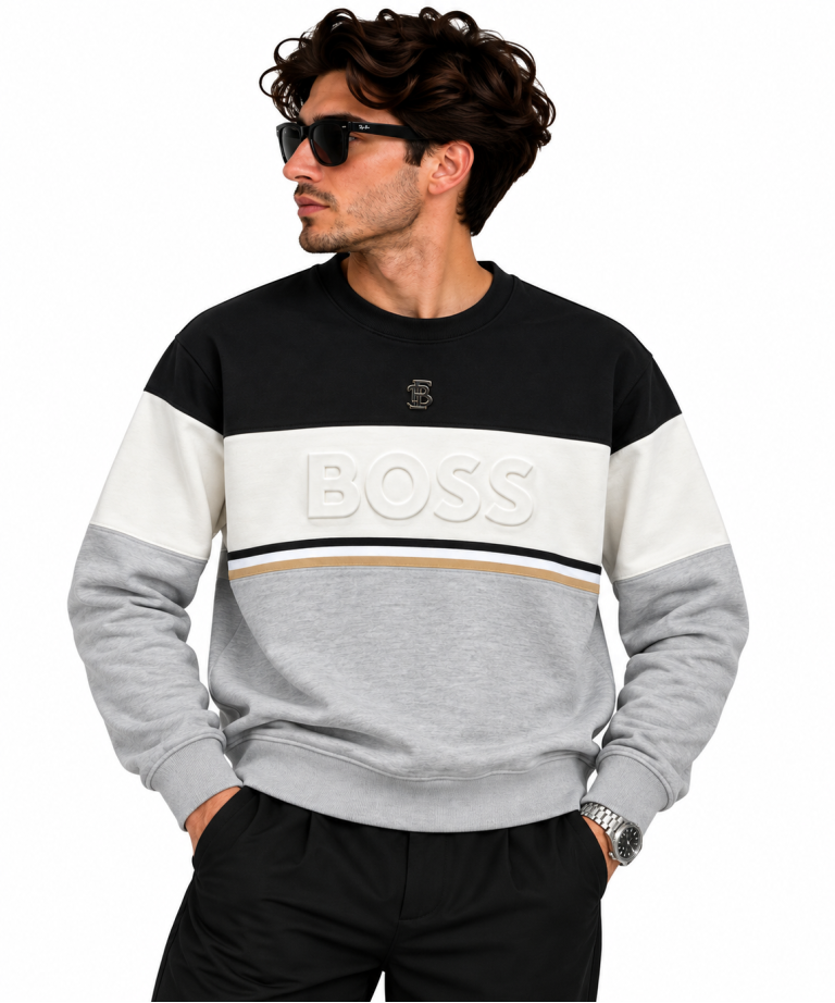 BOSS RENK BLOKLU SIFIR YAKA SWEATSHIRT