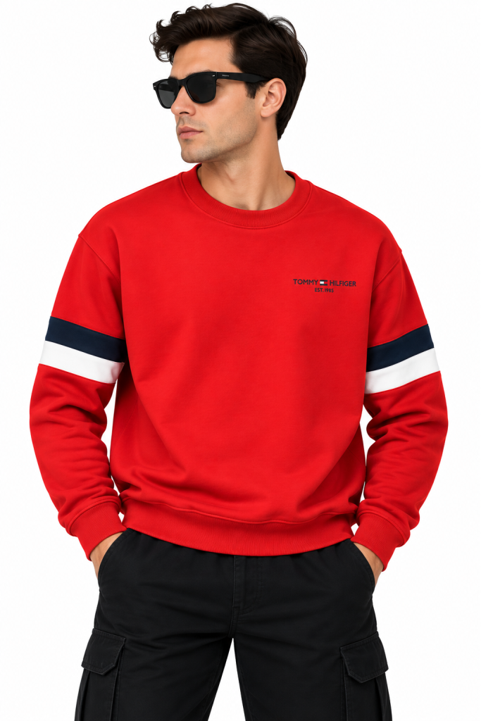 TOMMY HILFIGER ŞERIT KOL DETAYLI SIFIR YAKA SWEATSHIRT
